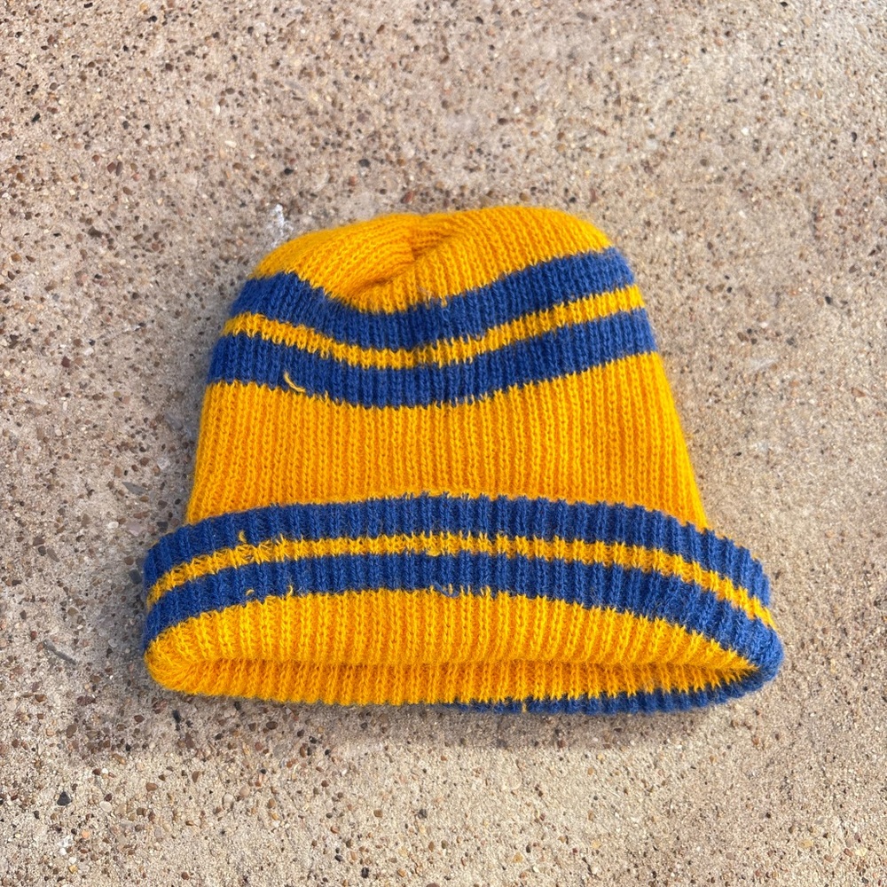 Yellow and Blue Striped Beanie Y2K 90s Handmade